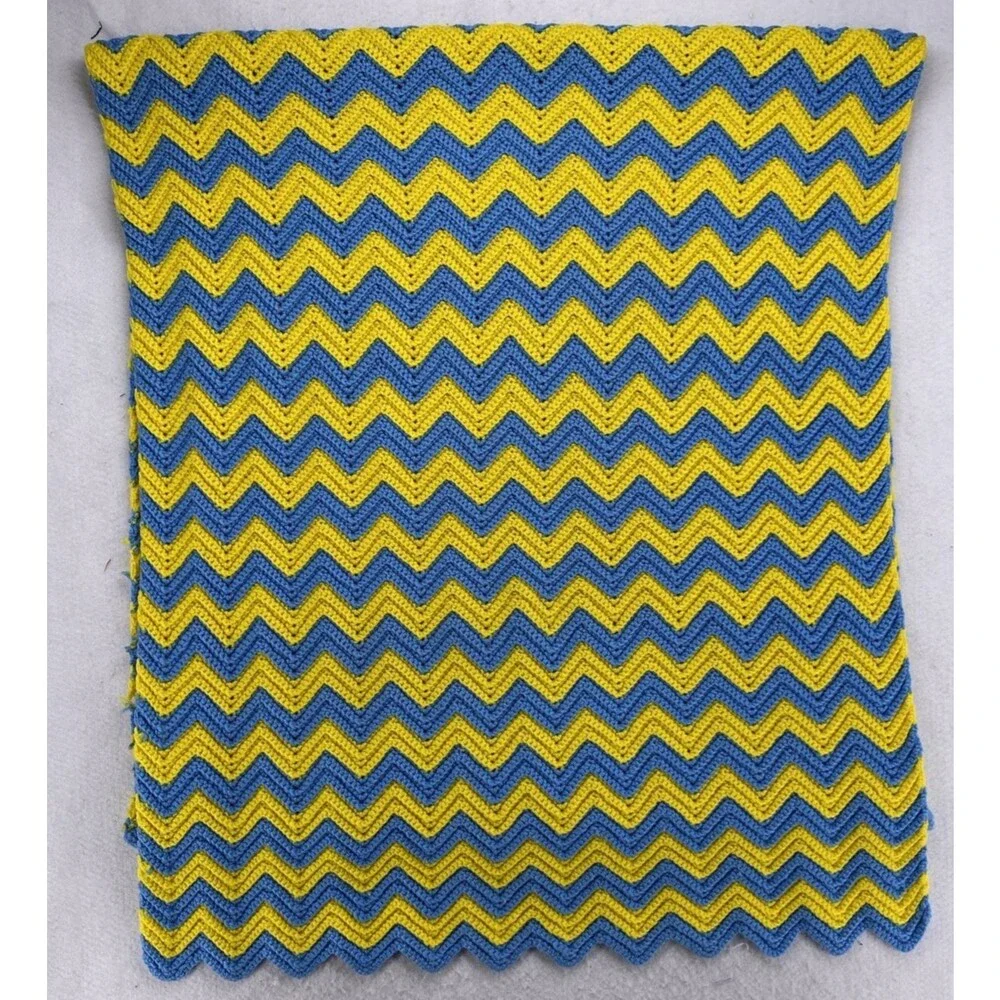 Vintage Chevron Crochet Afghan Blanket Yellow Blue Zig Zag 36x75 Throw Handmade